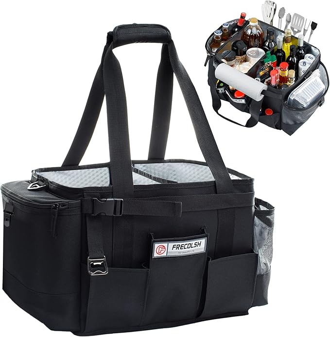 FREECOLSH Black Waterproof Caddy, 16" x 11" x 11", with Detachable Strap and Shoulder Pad for Carrying Utensils and Camping Supplies