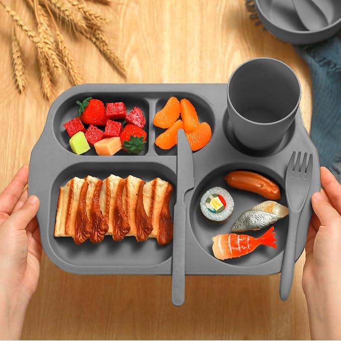 24 Pcs Wheat Straw Dinnerware Cutlery Set for Aldult Including Divided Plates Microwave Dishwasher Safe Bowl Unbreakable Tableware Straw Cutlery Spoon Knife Fork(Vivid Color)