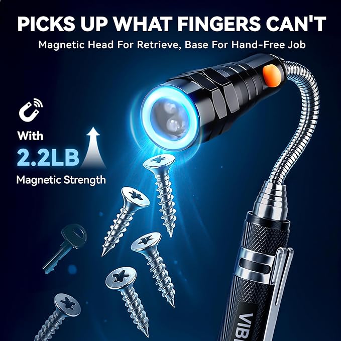 VIBELITE Extendable Magnetic Flashlight with Telescoping Magnet Pickup Tool-Cool Gadget Gifts for Men, Women, Him, Teen Boys, Husband, Dad, Father, Mechanic, Birthday Gifts for Men, Black