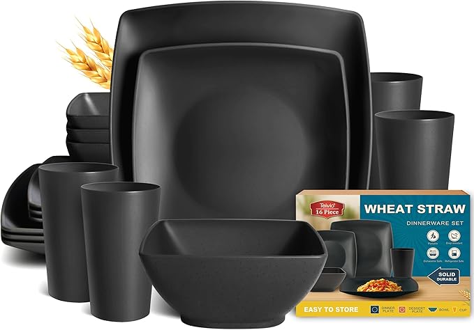 Teivio 16-piece Plastic Wheat Straw Square Dinnerware Set for 4, Unbreakable Dinner Plates, Salad Plates, Snack Bowls, Tumblers 13.5 oz, Dishwasher Safe, Kitchen Outdoor Camping,Black