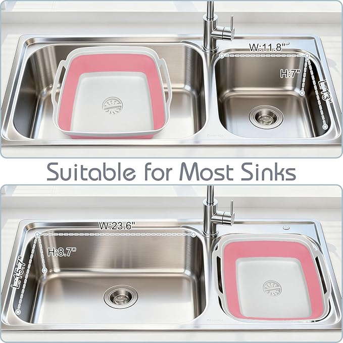 2.4 Gal(9L) Collapsible Dish Basin with Drain Plug, Space Saving Outdoor Multiuse Foldable Sink Tub, Dishpan, Kitchen Storage Tray for Camping, Vegetable Washing, RV (Pink)