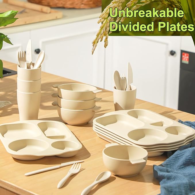 24 Pcs Wheat Straw Dinnerware Cutlery Set for Aldult Including Divided Plates Microwave Dishwasher Safe Bowl Unbreakable Tableware Straw Cutlery Spoon Knife Fork(Beige)