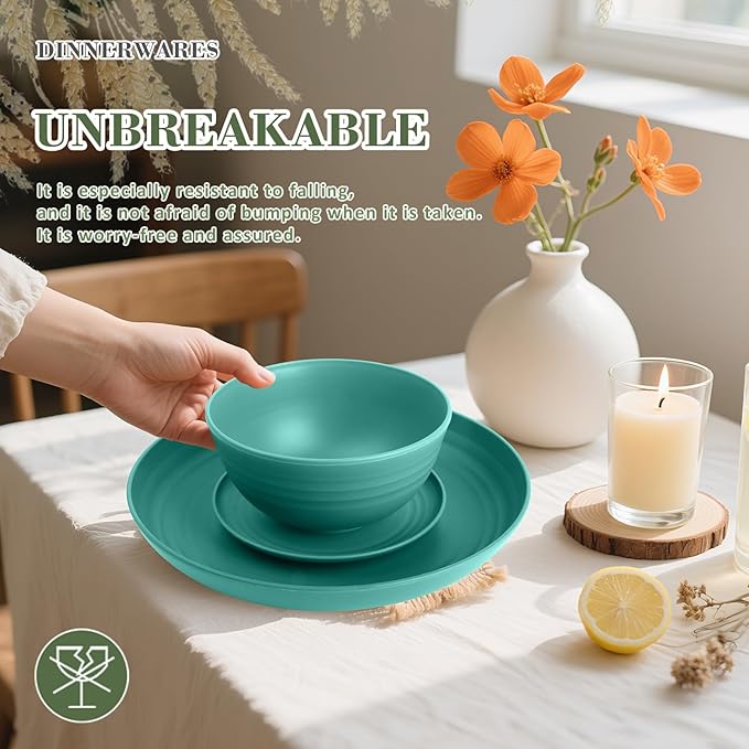 Wrova Wheat Straw Dinnerware Set of 32,Unbreakable Dinner Plates and Bowls Dishes Sets Service for 8,Dishwasher Safe Dinnerware Sets for Kitchen and Camping.Green