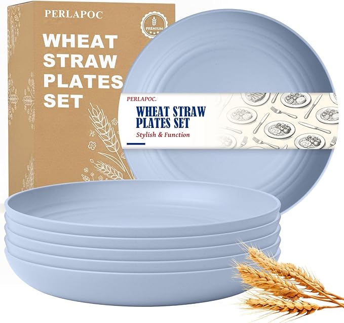 Wheat Straw Dinner Plates 6 PCS, Unbreakable Deep Dish Plates, BPA-Free Reusable Plastic Plates, Microwave and Dishwasher Safe Camping Dishes for Kids & Family, Light Blue