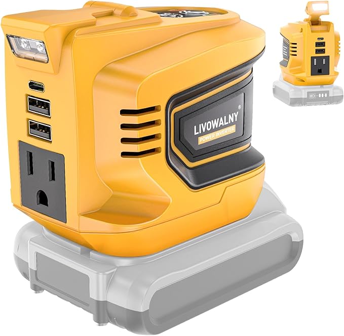 LIVOWALNY 200W-250W Power Inverter Compatible with DeWALT 20V Battery (Battery Not Included), DC 20V to AC 110V-120V Portable Power Inverter, 1 AC Outlet, 2 USB Ports & 1 Type-C Port, LED Work Light