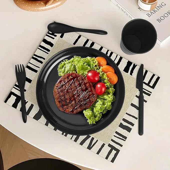 DAPIPIK 36 Pcs Lightweight Black Wheat Straw Dinnerware Set - Unbreakable Dishes for Kitchen & Camping | Microwave Dishwasher Safe