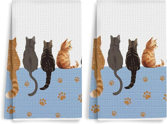 2PCS Cute Cat Kitchen Towels, Cats Paw Print Themed Gifts Reusable Absorbent Waffle Weave Dish Tea Towels for Cleaning Cooking, Cat Lovers Gifts for Women Microfiber Kitchen Towel, Housewarming Gift