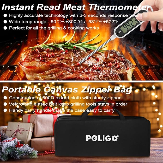 POLIGO 29 PCS BBQ Grill Accessories Stainless Steel BBQ Tools Grilling Tools Set with Storage Bag for Fathers Day Dads Birthday Presents - Camping Grill Utensils Set Ideal Grilling Gift for Men Silver
