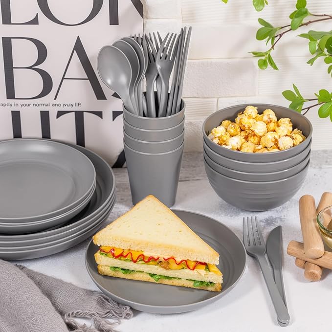 LIYH 28 Pcs Dark Grey Plates and Bowls Dinnerware Sets, Dish Set for 4, Unbreakable Reusable Plate, Wheat Straw Plates and Bowls Apply to Kitchen & Camping