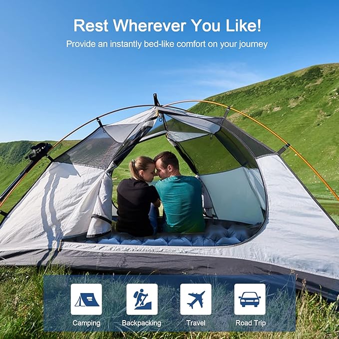 HiiPeak Double Sleeping Pad - Self Inflating 3" Extra-Thick for 2 Person with Pillow Built-in Foot Pump Inflatable Sleeping Mat for Backpacking, Hiking, Traveling, Tent, Portable Camping Mat (Blue)