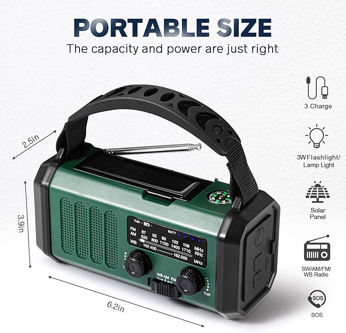 Hand Crank Emergency Radio, NOAA Weather Radio with AM/FM Solar Radio,10000mAh Rechargeable Battery Powered, USB-C Charger, Flashlight, SOS Alarm, for Camping, Hurricanes Outdoor Survival Emergencies