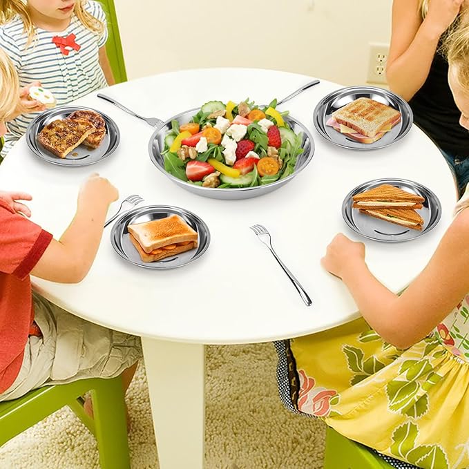 8 Patterned Deep Stainless Steel Plates, 7.8 inch 201 Metal Camping Plate, Reusable Food Serving Dish Snack Eating Dishes Round Shatterproof Silver BBQ Dinner Dinnerware Oven Dishwasher Safe