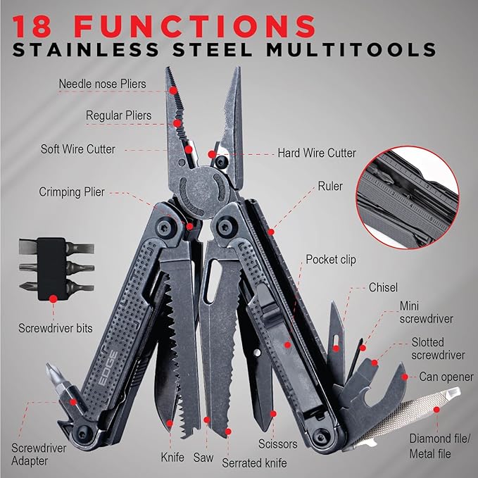 EDGE Multi-Tool Pliers, 14-in-1 Stainless Steel Multitool with Knife, Saw, Scissors, Wire Cutter & Screwdriver Bits, Compact Folding Pocket Tool for Camping, Survival, Fishing & Car Emergency (Black)