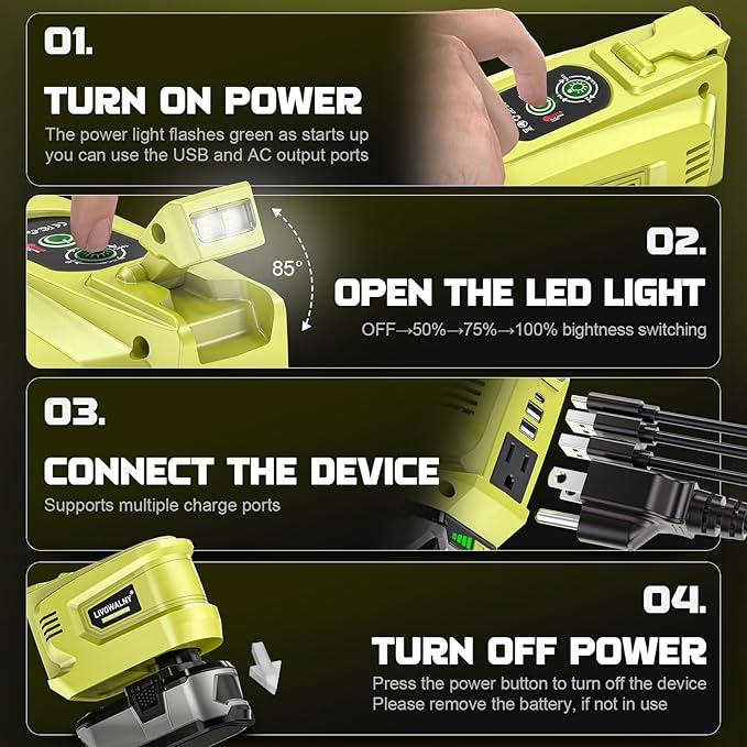LIVOWALNY 200W Power Inverter Compatible with Ryobi 18V Battery, DC 18V to AC 110-120V Power Station with 1 AC Outlet, 2 USB, 1 Type-C & LED Light, for Camping Power Outage (No Battery)
