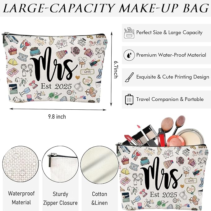 Bridal Shower Gifts for Women, Bachelorette Party Gifts, Wedding Gift, Linen Makeup Bag for Bride, LOVE Est 2025 Bachelorette Party & Engagement Gift