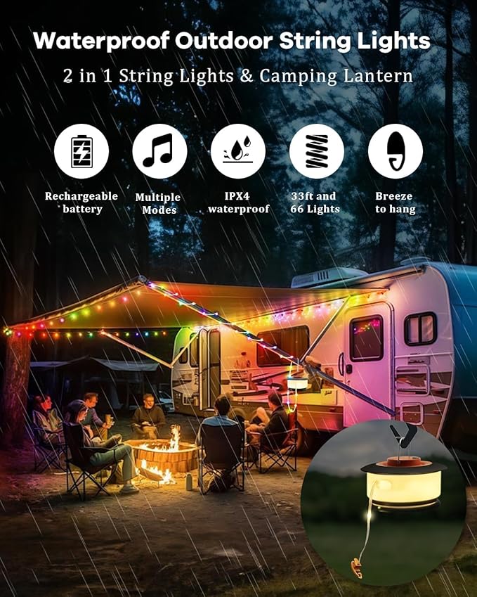 HOMEBEST Upgraded 33FT RGB Camping String Lights, Retractable Camping Lights with Music Sync, 19 Modes, Rechargeable Waterproof Tent Lights, Portable Camping Lantern for Tent, RV, Awning