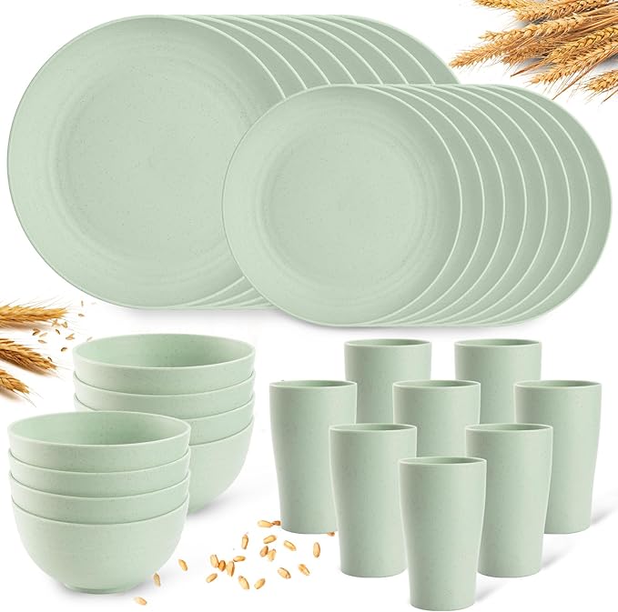 Camping Plates Cups and Bowls Set Green Reusable Microwave Safe Lightweight Unbreakable Plastic Dishes Set for Kids Elderly Kitchen Adults Outdoor,32 Pcs Holiday Dinnerware Sets for 8