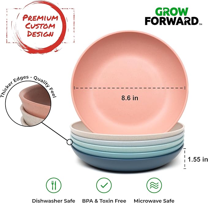 Grow Forward Premium Wheat Straw Pasta Bowls - 30oz Unbreakable Wide & Shallow Dinner Plate Bowls Set of 6 - Microwave Safe Reusable Plastic Pasta Bowls for Kids, Adults, Salad, Camping, RV - Tropical
