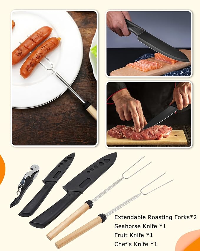 Hozzen Camping Cooking Set - Camping Utensil Set Car Camping Cooking Essentials Gear for Camp Kitchen Cooking and Grilling, Stainless Steel & Silicone Ideal Gift for RV Tent Camper, Picnics, BBQs