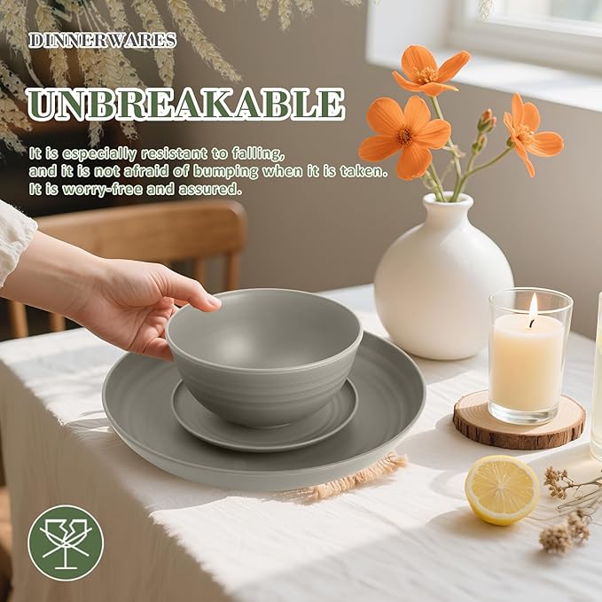 Wrova 32-piece Kitchen Alternative Melamine Wheat Straw Dinnerware Sets,Unbreakbale Dishwasher Safe Kitchen Bowls and Plates Sets with Cups,Apartment Essential Dishes Set for 8.Grey Series