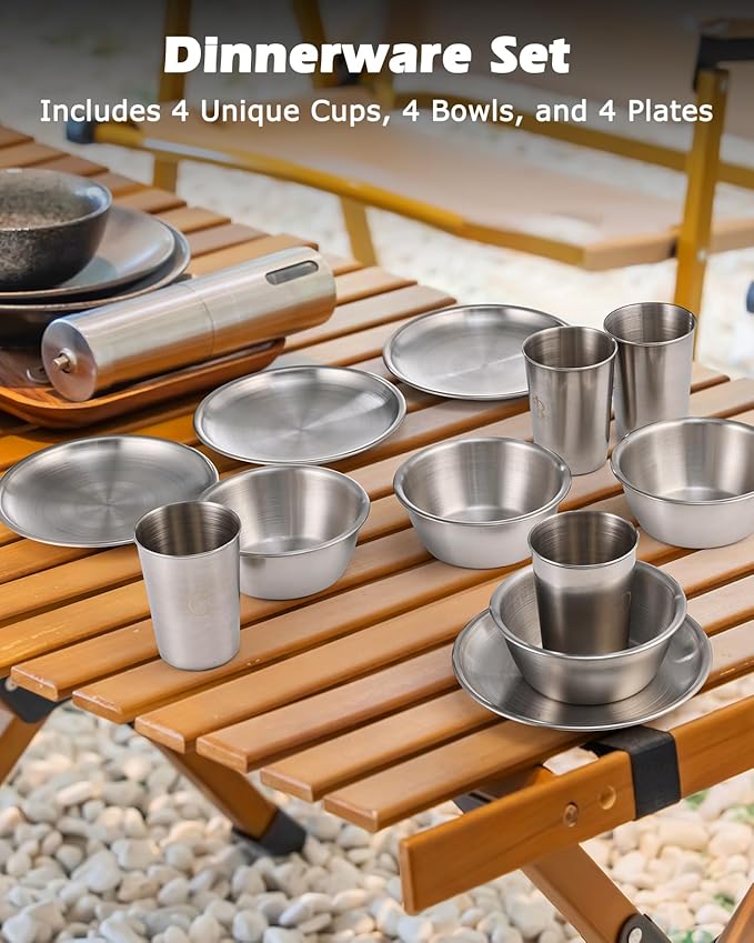 Hozzen Camping Cooking Set - Camping Utensil Set Car Camping Cooking Essentials Gear for Camp Kitchen Cooking and Grilling, Stainless Steel & Silicone Ideal Gift for RV Tent Camper, Picnics, BBQs