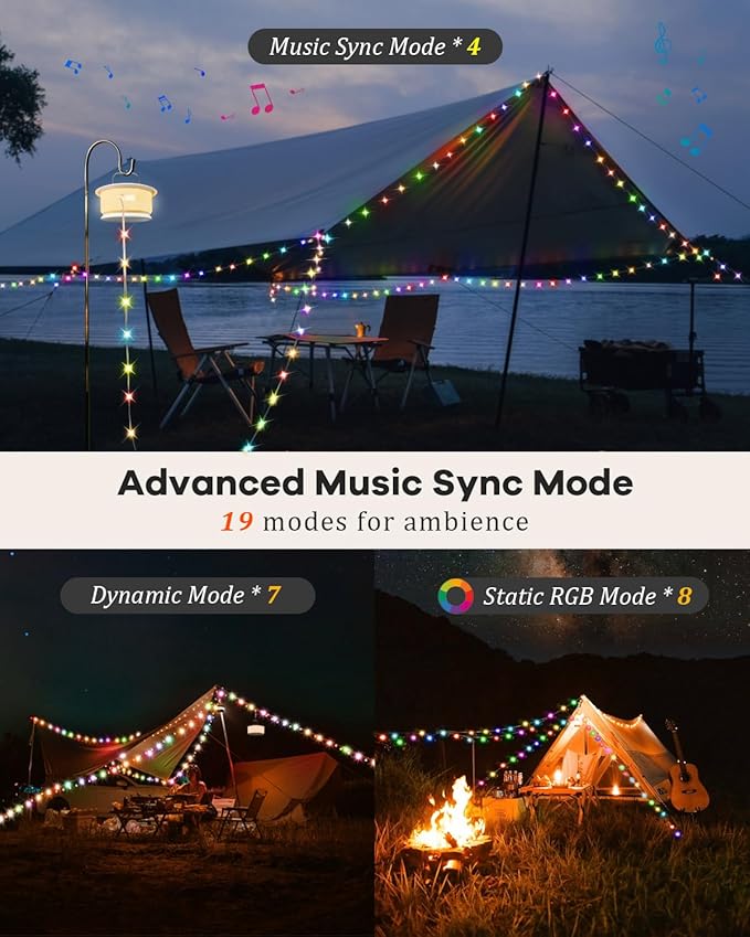 HOMEBEST Upgraded 33FT RGB Camping String Lights, Retractable Camping Lights with Music Sync, 19 Modes, Rechargeable Waterproof Tent Lights, Portable Camping Lantern for Tent, RV, Patio & Awning