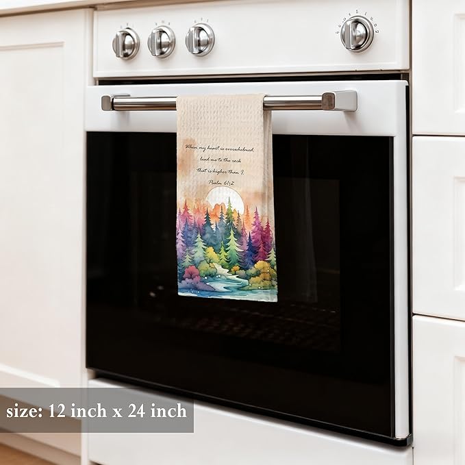Watercolor Forest Christian Kitchen Towels 16x24,Christian Gifts for Women，Psalm 61:2 Bible Verse Religious Hand Towels for Bathroom Kitchen