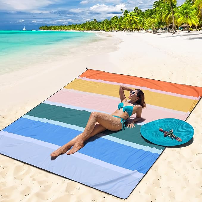 WIWIGO Beach Blanket Waterproof Sandproof Beach Mat 79" X 83"/10'x9'for 2-8 Adults Quick Drying Outdoor Picnic Mat Beach Accessories for Travel, Camping, Hiking