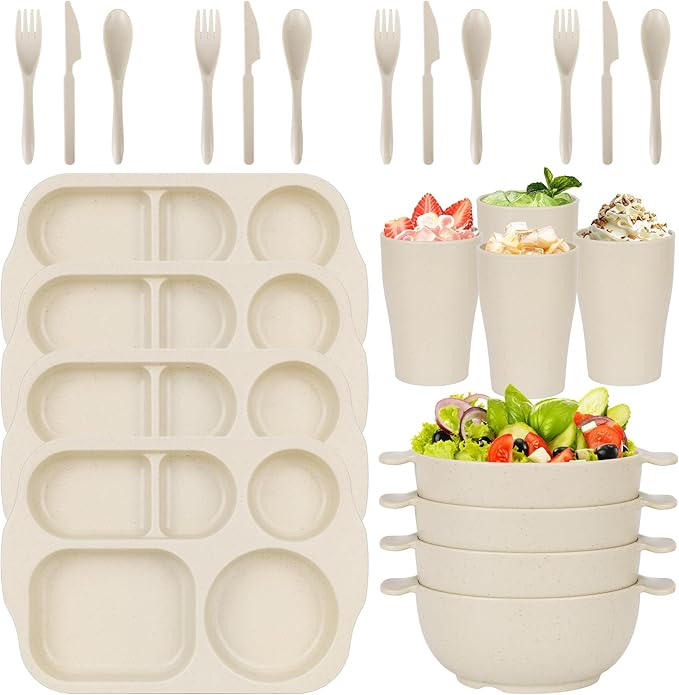 24 PCS Wheat Straw Dinnerware Set for Kids Divided Plates Bowls Cup Cutlery Sets, Reusable Tableware Set Microwave Dishwasher Safe for School Party, Camping, Home