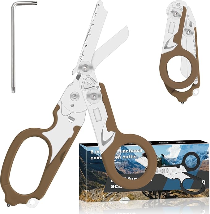 Lemasa6 in 1 Multifunctional Combination Tool, Folding Retractable Emergency Shears, Outdoor Camping Tools, Seat Belt Cutter, Oxygen Cylinder Wrench, Complimentary Adjustable Wrench (Bean Sand Colour)