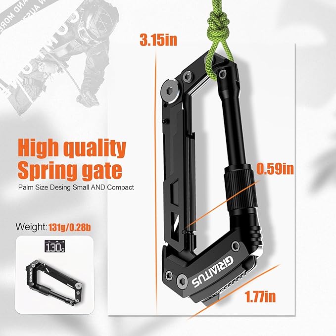 Carabiner Multitool 8-in-1 EDC Carabiners Pocket Knife, Serrated Knife, Rope Cutter, Screwdriver, Can Bottle Opener, Ruler, Survival Gear for Camping Climbing Hiking, Gifts for Men (Black)