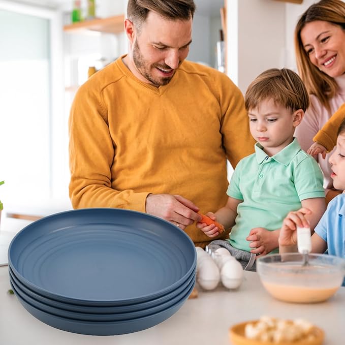 Wheat Straw Plates, Unbreakable Dinner Plate Set of 4, 8 Inch Plastic Plate Reusable, Dishwasher & Microwave Safe, Lightweight Salad Plates for Camping/Kitchen (Dark Blue)