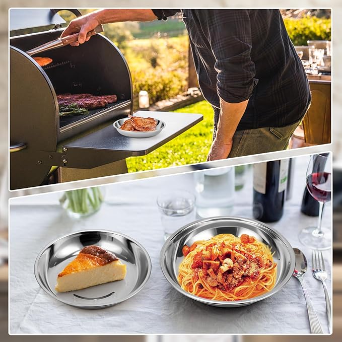 8 Patterned Deep Stainless Steel Plates, 7.8 inch 201 Metal Camping Plate, Reusable Food Serving Dish Snack Eating Dishes Round Shatterproof Silver BBQ Dinner Dinnerware Oven Dishwasher Safe