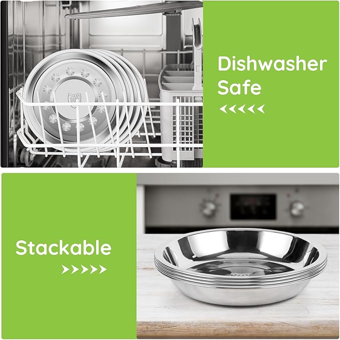 Patterned Deep Metal Camping Plates, 4 Pack 9.4 inch 304(18/8) Stainless Steel Plates, Reusable Pizza Food Serving Snack Eating Salad Dishes Round Shatterproof Silver Dinnerware Dinner Oven