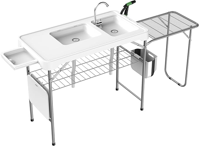 Allpop Fish Cleaning Table with 2 Sinks, 42.5'' Portable Folding Camping Fish Station with Extanded Stand, Grid Rack, Faucet, Drainage Hose, Sprayer, Storage Box, Drawer & Grooves for Picnic, White