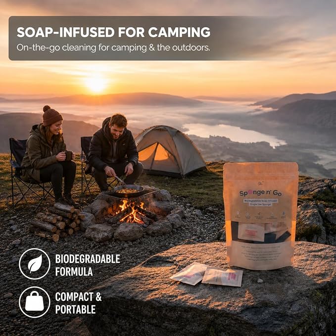 Sponge n' Go: 20-Pack Mini Travel Dish Soap & Sponges | Eco-Friendly, Soap-Infused, Single-Use Cellulose Compressed Sponges | Your On-The-Go Cleaning Companion for Trips, Camps, Work
