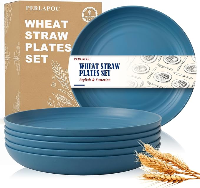 Wheat Straw Plates 6-Piece Set, Unbreakable 9 Inch Deep Dish Plates, Reusable Plastic Plate Set, Microwave & Dishwasher Safe, Camping Plate for Family, Camping, Dark Blue