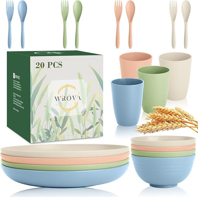 Wrova Wheat Straw Kids Plates and Bowls Sets,Unbreakable Kids Dinnerware sets with Flatwares,Lightweight Reusable Camping Plates and Bowls Sets.Nordic Series