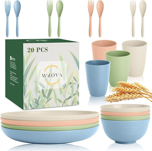 Wrova Wheat Straw Kids Plates and Bowls Sets,Unbreakable Kids Dinnerware sets with Flatwares,Lightweight Reusable Camping Plates and Bowls Sets.Nordic Series