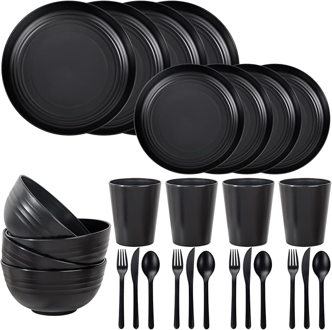 LIYH 28 Pcs Black Wheat Straw Dinnerware Sets - Plates and Bowls Sets, Unbreakable Dinnerware Set Reusable Plates, Bowls, Cups & Cutlery - Lightweight, Dish Set for Kitchen & Camping