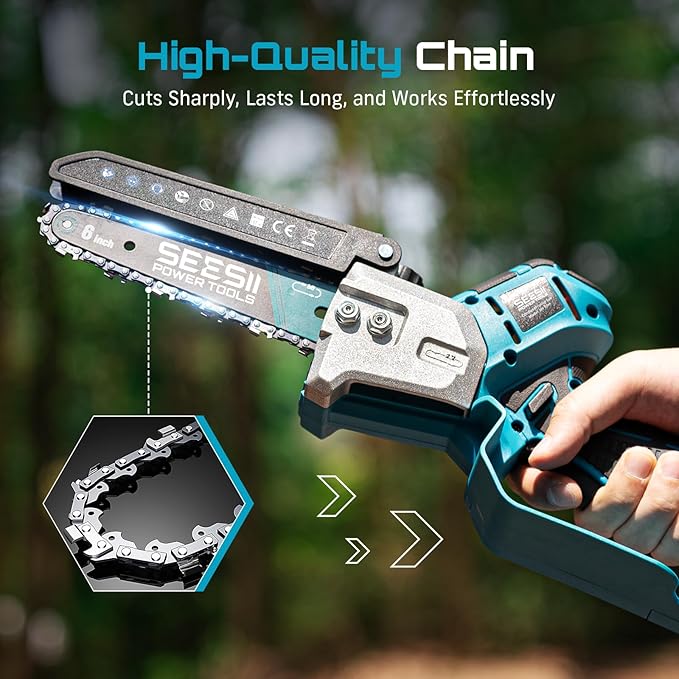 SEESII Brushless Mini Chainsaw 6 Inch, Handheld Saw with 2 * 2000 mAh Batteries, Cordless Chainsaw with Automatic Oiler, Compatible with Makita 18V Battery, Electric Saw for Tree Limb Branch Cutter