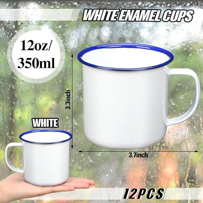 Yinder Mini Enamel Camping Coffee Mugs Metal Small Classic Portable White Campfire Mugs Bulk Vintage Cups with Handle for Coffee Tea Picnic Travel Indoor Outdoor Activities(12 oz, 12 Pcs)