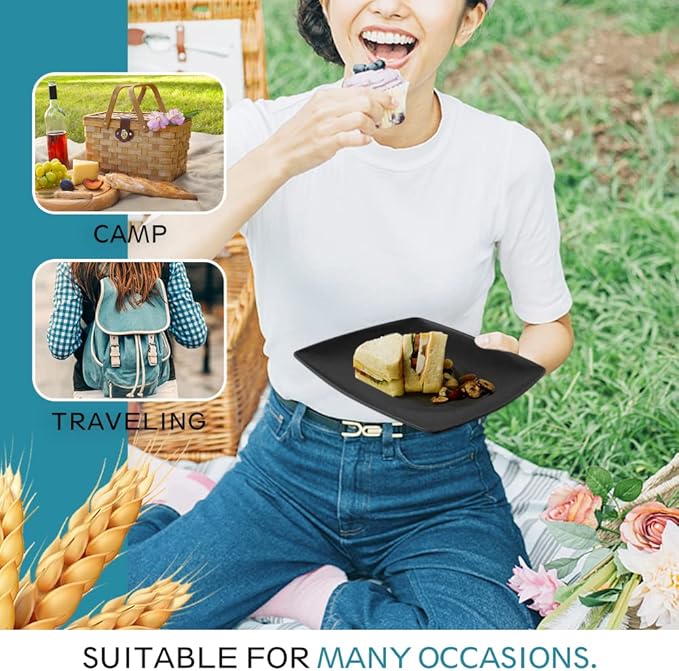 Teivio 56-piece With Flatware Kitchen Plastic Wheat Straw Square Dinnerware Set for 8, Unbreakable Dinner Plates, Snack Bowls, Tumblers 13.5 oz, Dishwasher Safe, Black