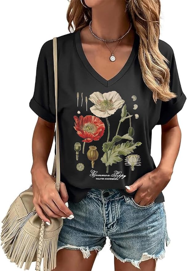Graphic V Neck Shirt for Women Boho Floral Wildflowers Tee Casual Cottagecore Summer T-Shirt Blouse