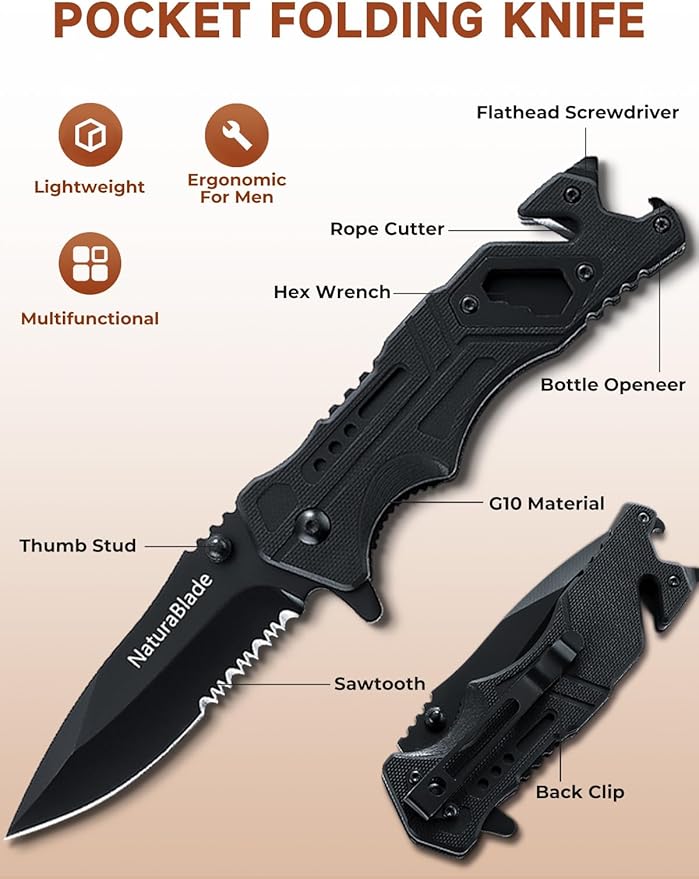 Folding Pocket Knife 440 Stainless Steel G10 Handle,EDC for Men with Seatbelt Cutter,Glass Breaker,Outdoor Camping Hiking Survival Gift