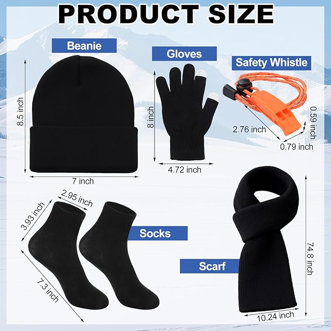 Chicingyou 8 Pcs Portable Emergency Thermal Blanket Camping Sleeping Bag Solar Rechargeable Flashlight Emergency Safety Whistle Gloves Scarf Socks Beanie Set for Camping Hiking Travel Hunting(Orange)