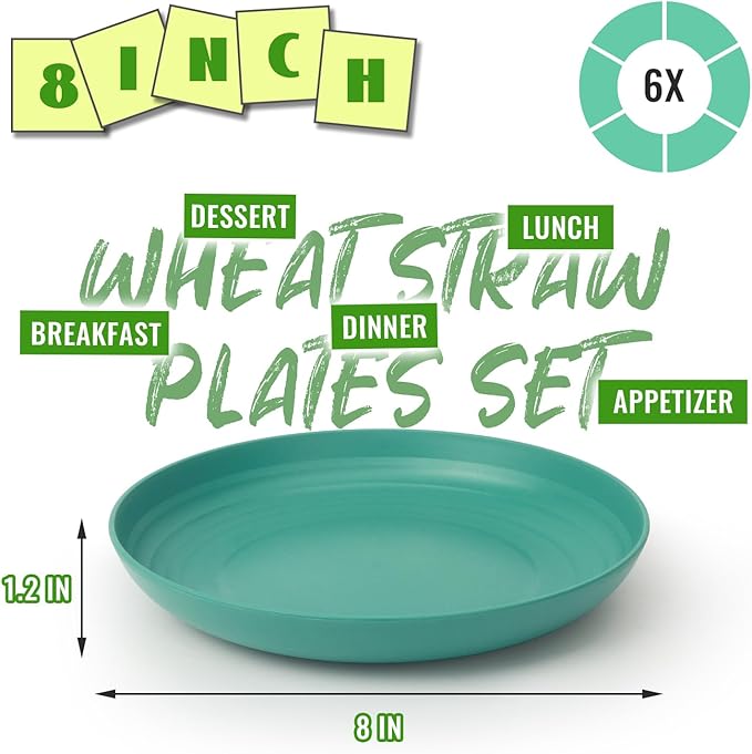 8 Inch Wheat Straw Plates Set of 6, Unbreakable Reusable Plastic Plates, Microwave and Dishwasher Safe Small Dinner Plates for Appetizer, Dessert, Party, Cream, Green
