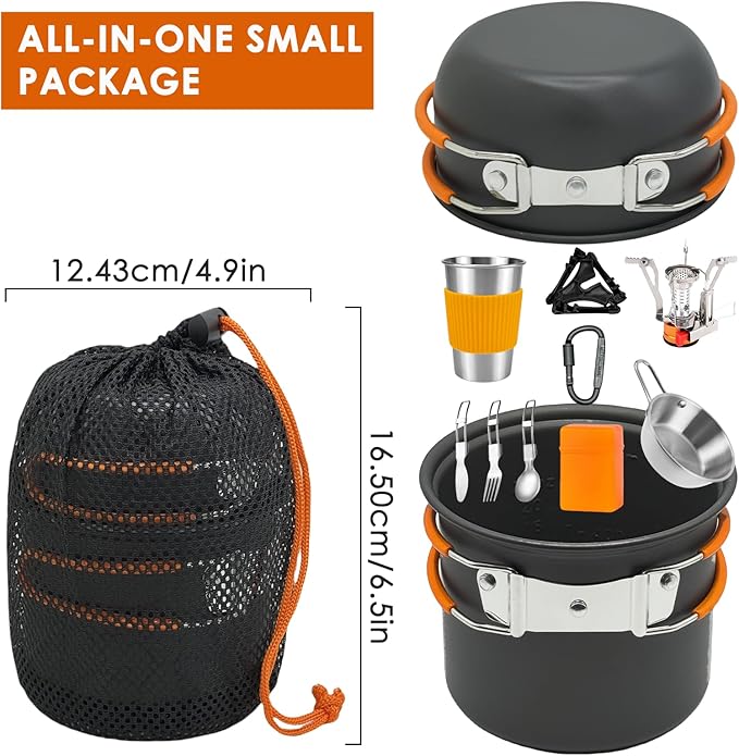 Camping Cookware Mess Kit, Non-Stick Lightweight Camping Pots and Pans with Kettle, Stainless Steel Cups Plates Forks Knives Spoons for Backpacking, Hiking, Outdoor Cooking