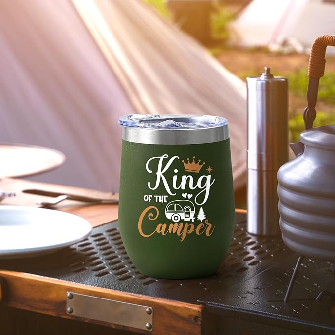 Lifecapido Camping Gifts, Queen of The Camper and King of The Camper 12oz Wine Tumblers Set, Camper Gifts Holiday Gifts Birthday Gifts Christmas Gifts for Capmer (2 Pack, White and Army Green)