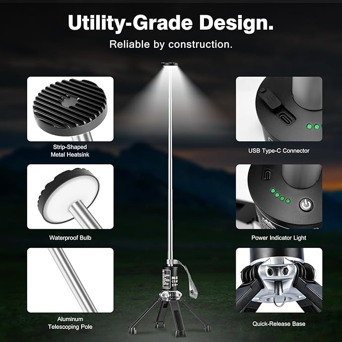 MTRVR Premium Telescopic Camping Lantern – 20000mAh Rechargeable LED Outdoor Light, IP44 Water-Resistant, Aluminum Telescopic Pole & Foldable Tripod – 21H Long-Lasting Emergency, RV & Camping Lighting